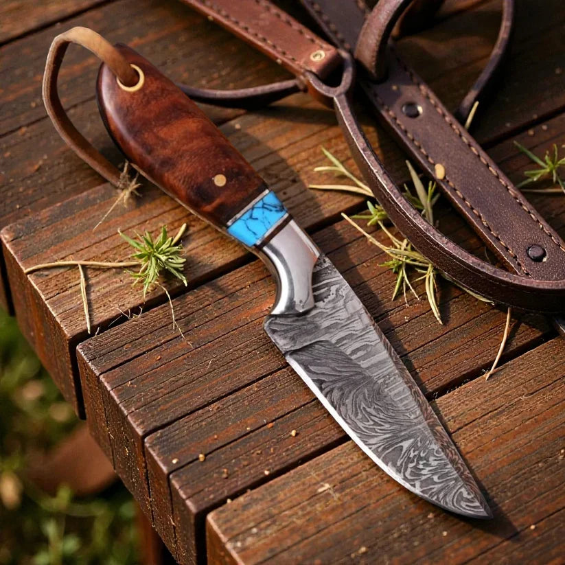 Damascus Cowboy Hunting Knife | Rosewood Handle | Pancake Sheath