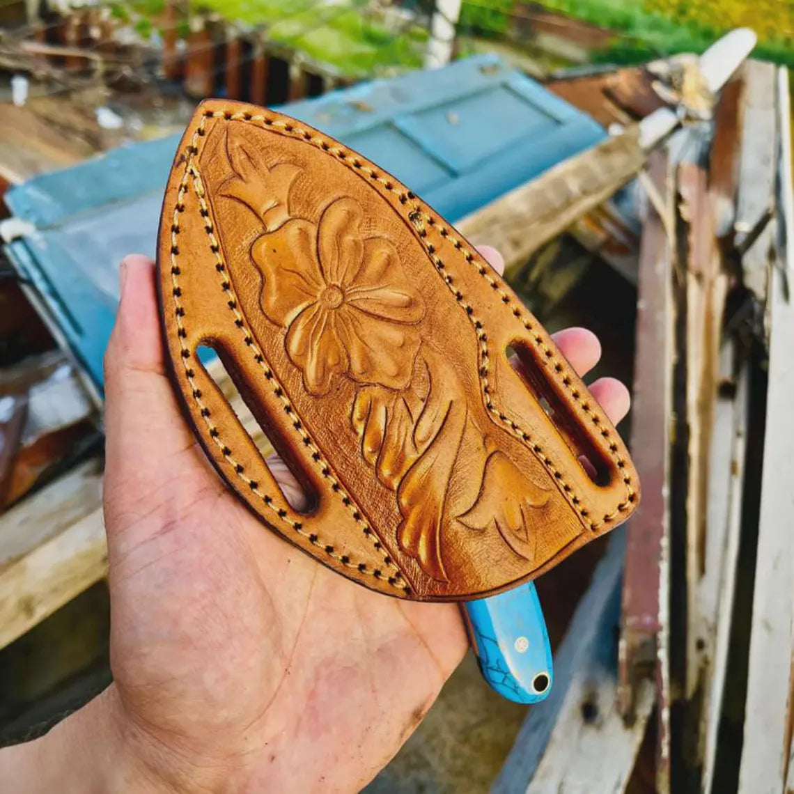 Cowboy Hunting Knife Damascus Steel Marble Handle