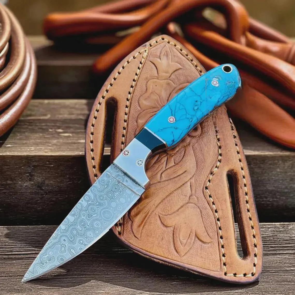 Cowboy Hunting Knife Damascus Steel Marble Handle