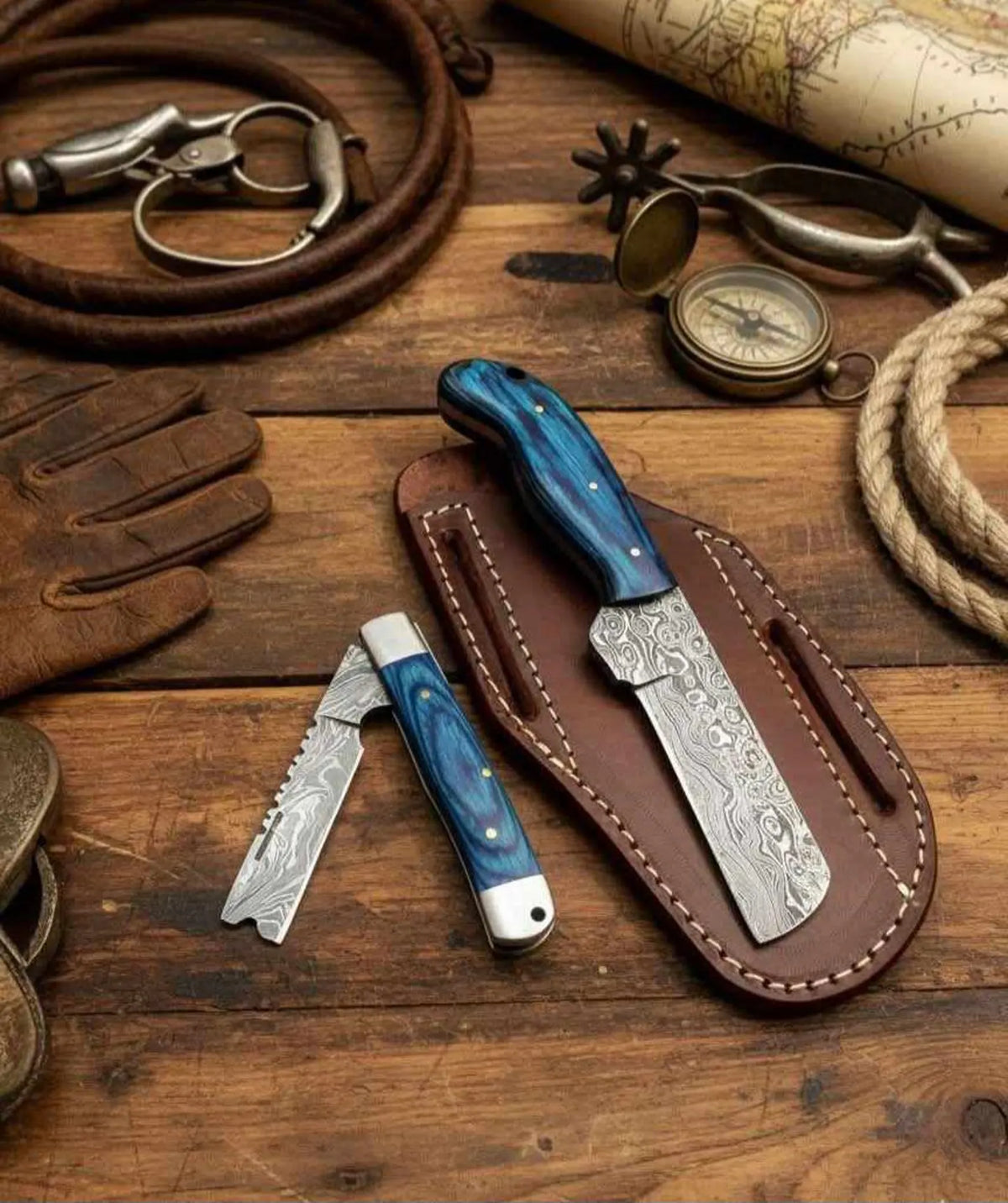 Handmade Cowboy Bull Cutter and pocket Knife: damascus Steel Blade, wood Handle