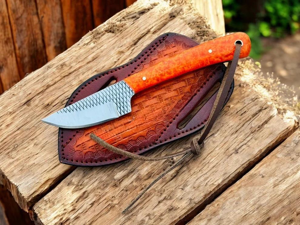 EDC Deer Skin Knife – 3" Rasp Steel Blade with Orange Epoxy Resin Handle