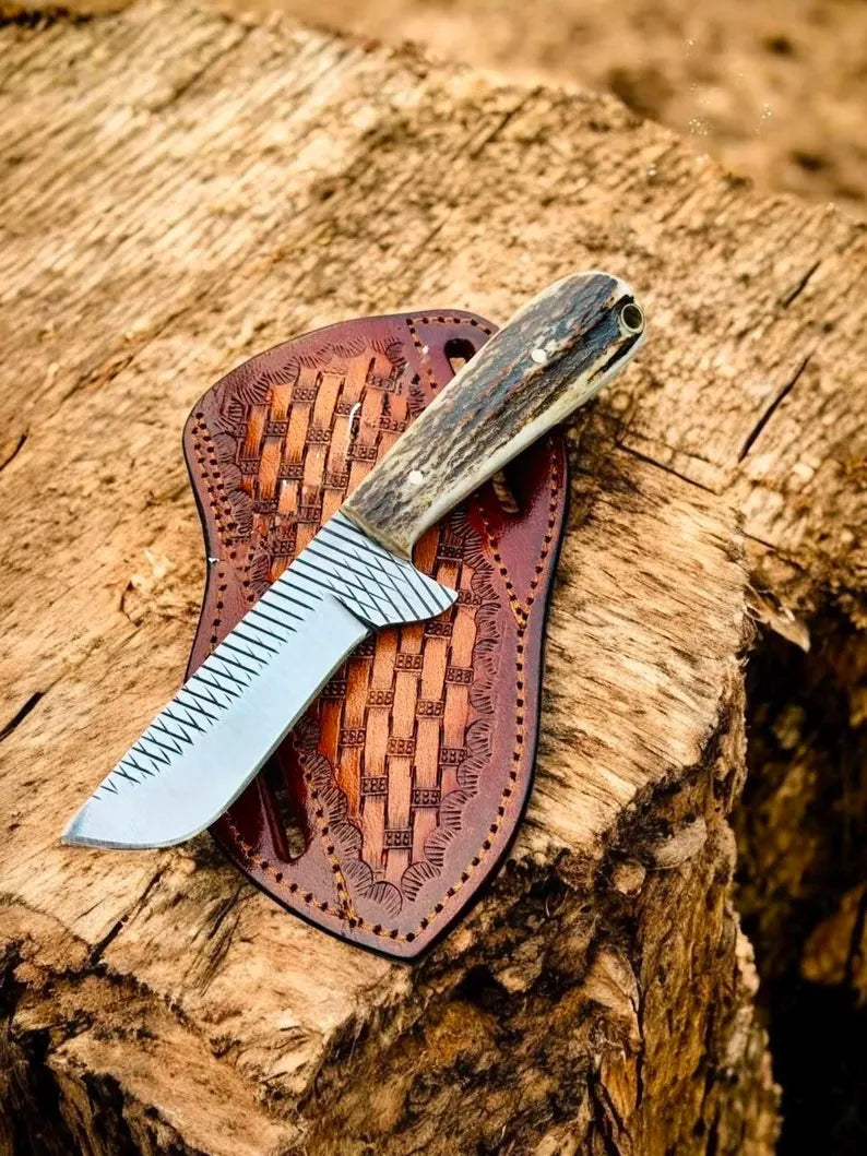 Deer Skinny Knife – 3.6" Rasp File Steel Blade with Antler Horn Handle