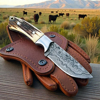 Damascus Cowboy Knife | Antler Handle | Pancake Leather Sheath
