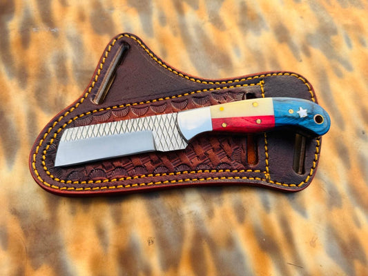 Handmade Cowboy Bull Cutter Knife: Rasp Steel Blade, Wood & Bone Handle, Leather Sheath