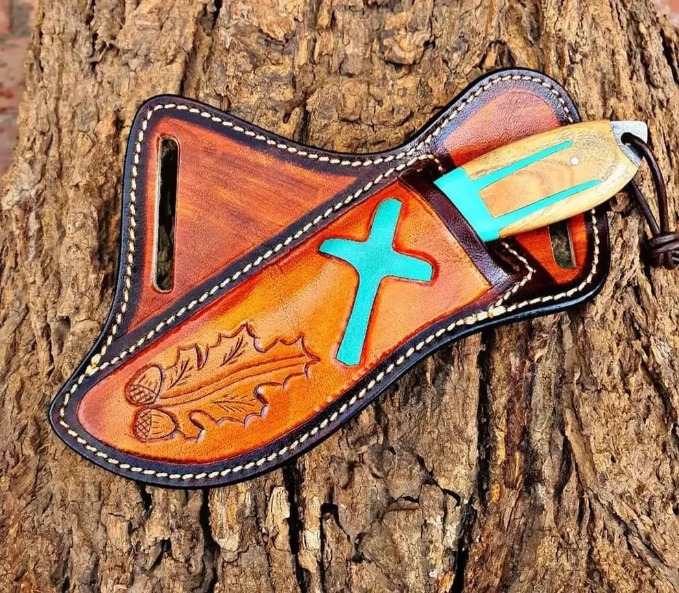 Western Cowboy Bull Cutter EDC Knife With Leather Sheath