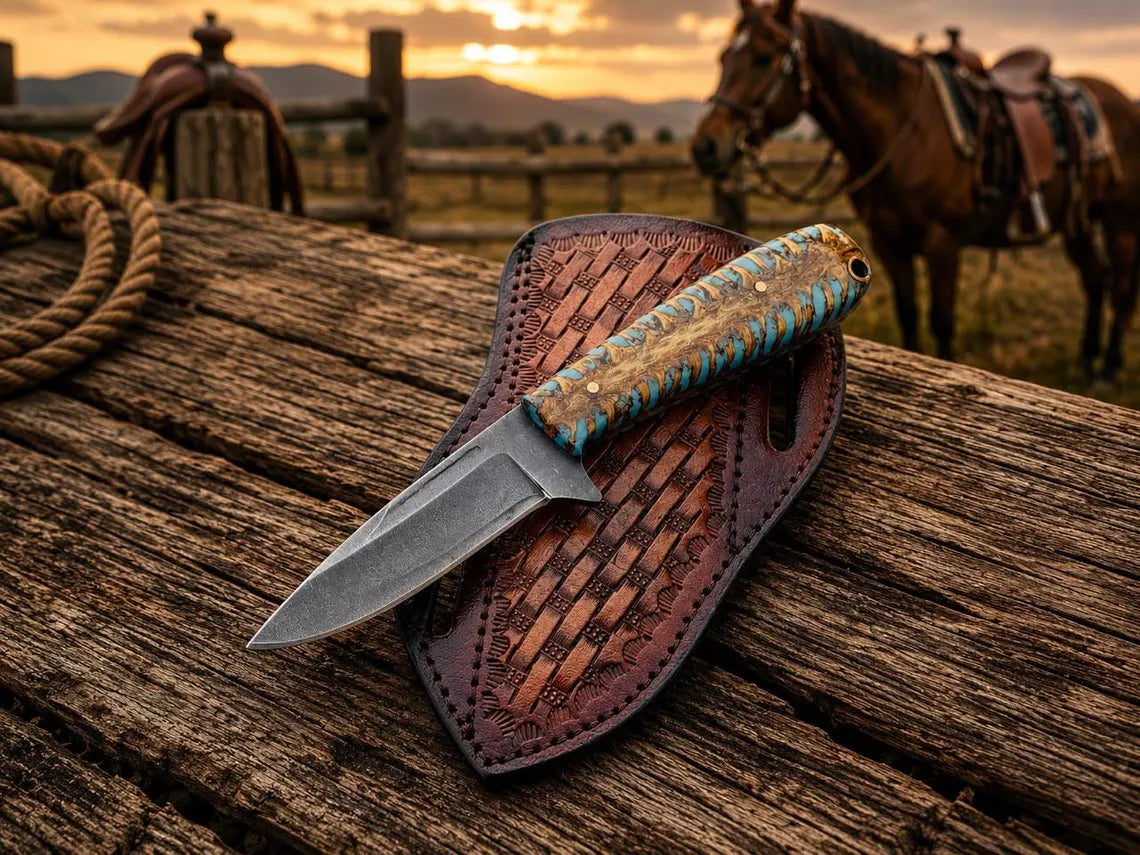 D2 Cowboy Knife 3.5" Blade Turquoise Resin Handle Pancake Sheath