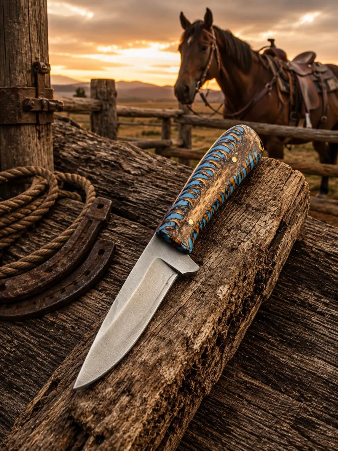 D2 Cowboy Knife 3.5" Blade Turquoise Resin Handle Pancake Sheath
