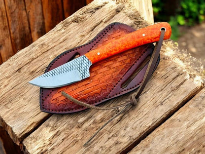 EDC Deer Skin Knife – 3" Rasp Steel Blade with Orange Epoxy Resin Handle