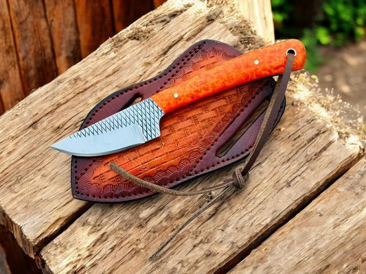 EDC Deer Skin Knife – 3" Rasp Steel Blade with Orange Epoxy Resin Handle