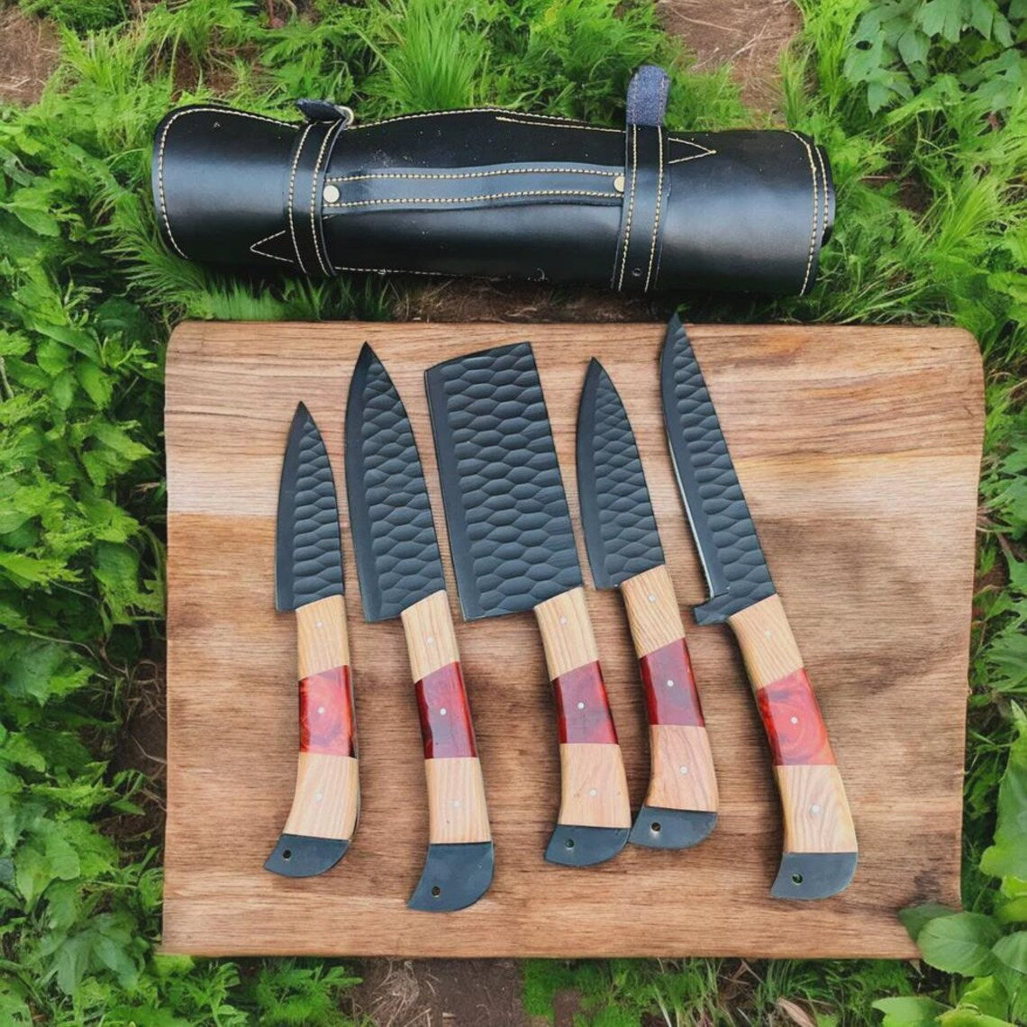 Hand Forged Kitchen Knives Set – Olivewood Handles, Stainless Steel Blades