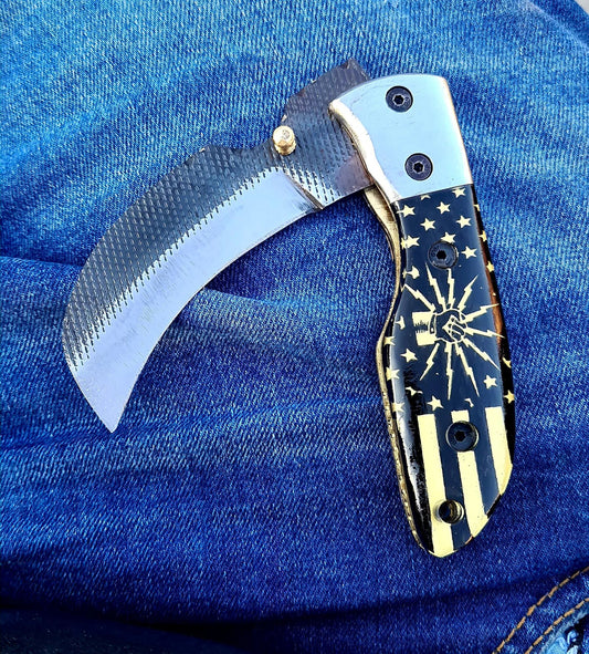 Handmade 1095 steel Hawkbill Pocket Knife: resin Handle, Leather Sheath